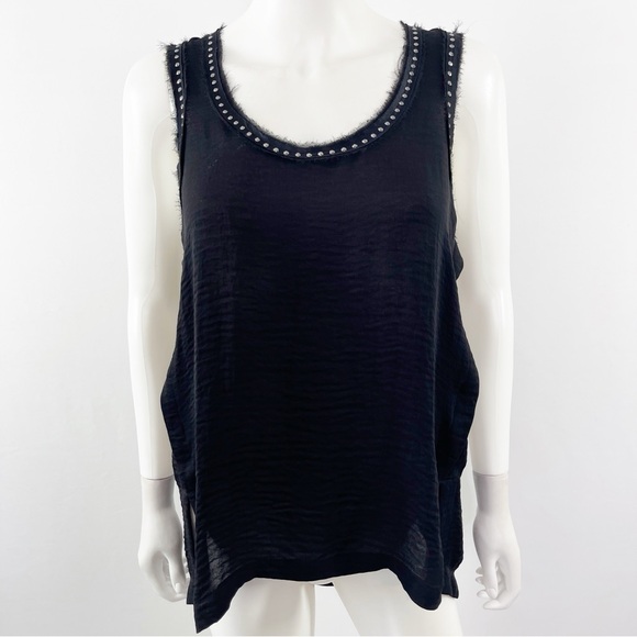 Rebecca Taylor Tank Top Black Studded Raw Edge Scoop Neck Back Tie Size 4 - Picture 1 of 9